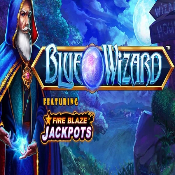 Blue Wizard Fire Blaze Jackpots online game logo by Rarestone Gaming on robocats.eu.com