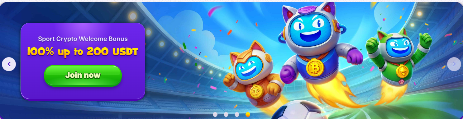 Colorful casino banner featuring cartoon robot cats with rocket boosters and Bitcoin symbols flying across a stadium, alongside a purple promo box advertising a “Sport Crypto Welcome Bonus 100% up to 200 USDT” with a green “Join now” button.