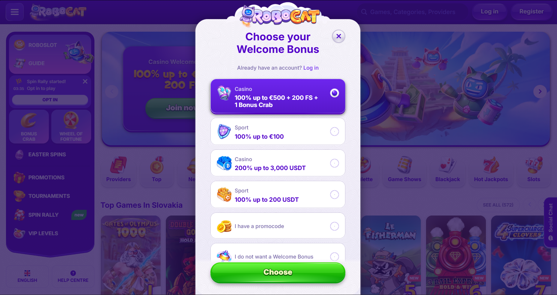 Casino popup for RoboCat showing a “Choose your Welcome Bonus” screen with multiple bonus options (casino and sport offers, crypto bonuses, and promocode), highlighted selection, and a green “Choose” button on a blurred casino homepage background.