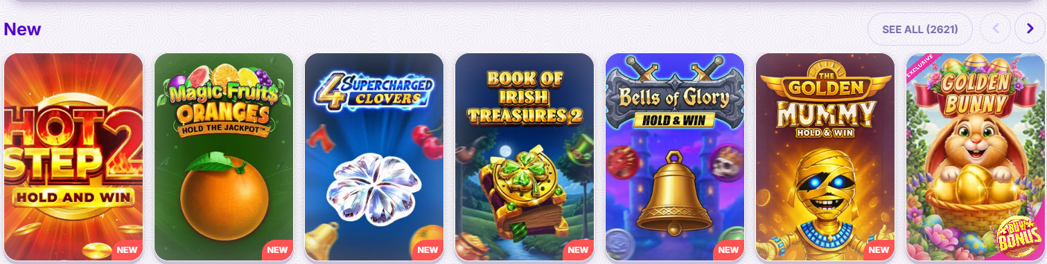 Casino “New” games section displaying a horizontal carousel of slot thumbnails, including titles like Hot Step 2, Magic Fruits Oranges, 4 Supercharged Clovers, Book of Irish Treasures 2, Bells of Glory, Golden Mummy, and Golden Bunny, each marked with a “NEW” label.